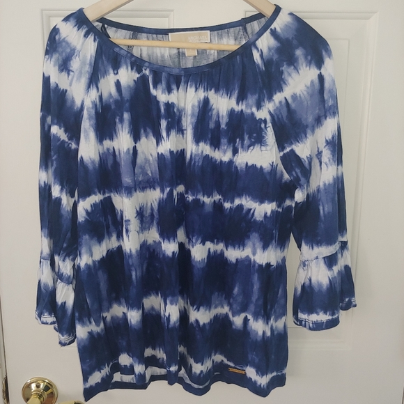 NWOT MICHAEL Michael Kors Blue & White Peasant-Style Tie Dye Top – Size L - Picture 7 of 9